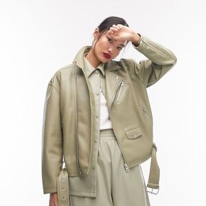 Oversized olive faux leather jacket